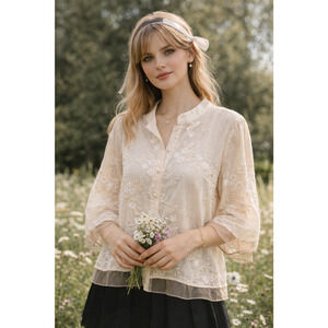 Womens Cottagecore Embroidered Top XL Cream 3/4 Sleeve Dainty Romantic Coquette